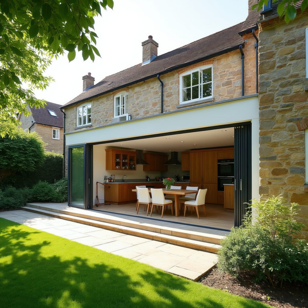 Modern kitchen and dining area with open folding doors leading to a stone patio and green lawn. Wood cabinets and furniture complement stone house exterior. Bright sunny day provides, natural light.