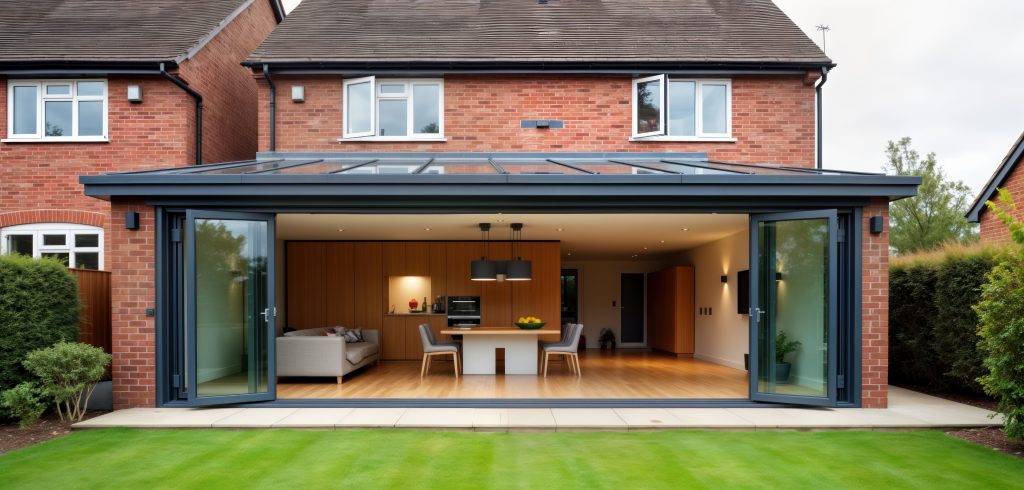 Modern house extension with large glass folding doors