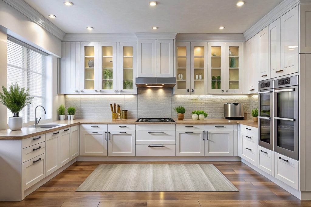 Modern white kitchen with hardwood floors, glass cabinets, and stainless steel appliances.